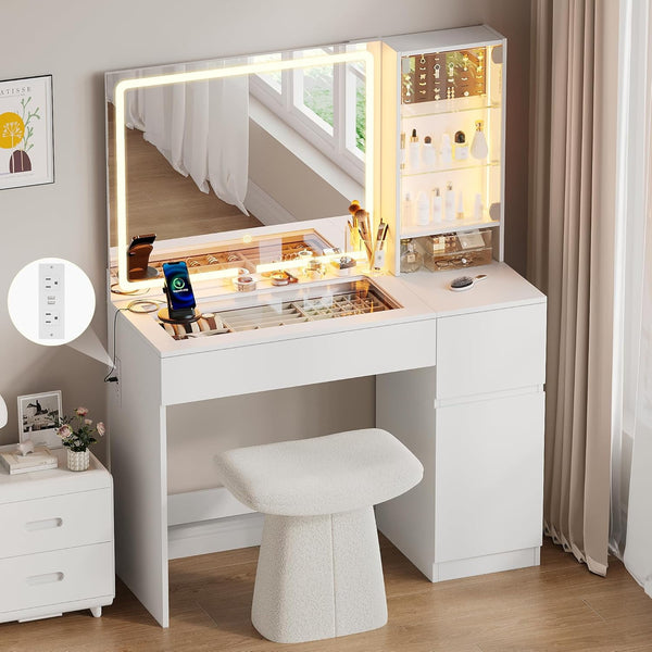 Vanity Desk with Mirror and Lights, Akaber 41" White Makeup Vanity with Power Outlet, Glass Top, LED Jewelry Cabinet, 3 Lighting Modes