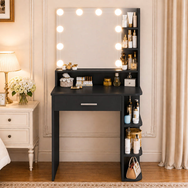 Vanity Desk with Mirror and Lights, Akaber 26.4" Makeup Vanity with Large Drawer, 6 Storage Levels, Small Black Vanity Desk with Large LED Mirror