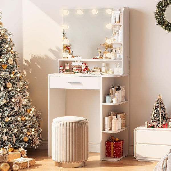 Vanity Desk with Mirror and Lights, Wanan 26.4" Makeup Vanity with Large Drawer, 6 Storage Levels, Small White Vanity Desk with Large LED Mirror