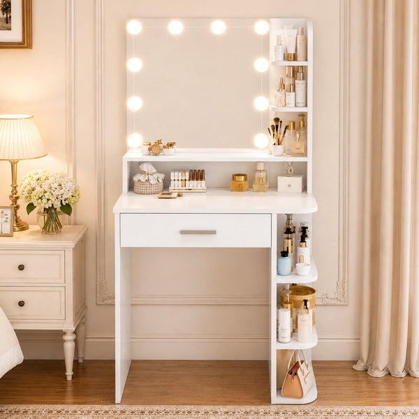 Vanity Desk with Mirror and Lights, Akaber 26.4" Makeup Vanity with Large Drawer, 6 Storage Levels, Small White Vanity Desk with Large LED Mirror