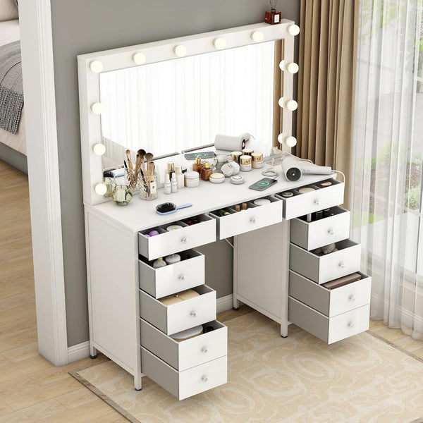 Vanity Desk with Power Outlet & Mirror, Wanan 44.1" Makeup Vanity for Bedroom with 14 LED Lights (3 Modes), 11-Drawer with Jewelry Storage, White