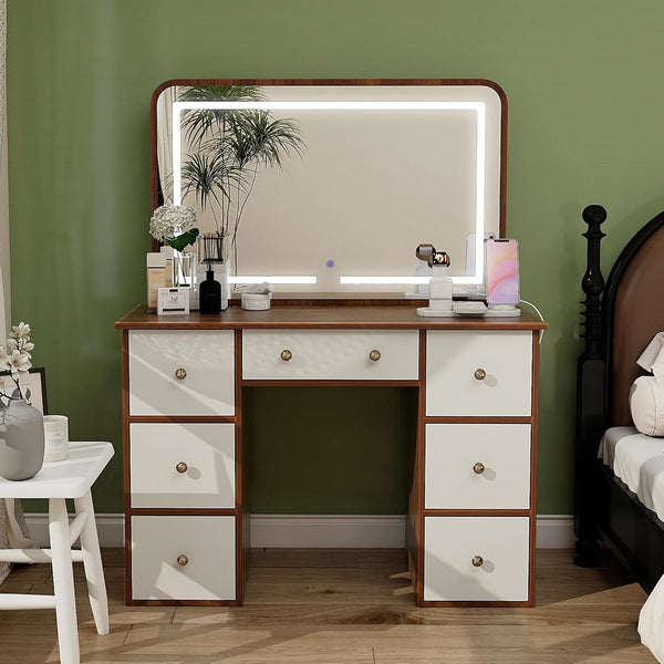 Vanity Desk with Power Outlet and 9 Drawers, Makeup Vanity with Mirror and 3 Adjustable LED Lights, Akaber Yellow Walnut Dressing Table for Bedroom
