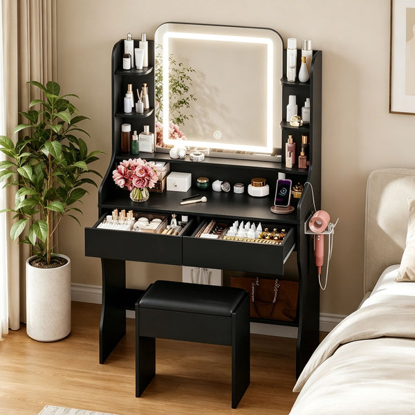 Black Vanity Set with Mirror and Lights, Akaber Makeup Vanity Desk with Chair, Charging Station, Vanity for Women