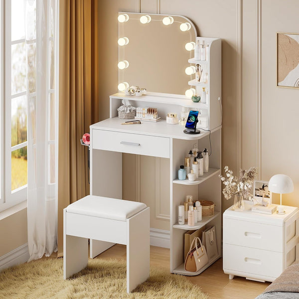 Vanity Set with Mirror and Lights, Akaber 26.4" Small Makeup Vanity for Small Spaces with Stool, USB Charging Station & 3 Color Lighting Modes, White Vanity Desk Set
