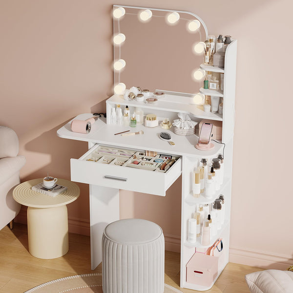Vanity Desk with Mirror and Lights, Akaber 34.25” Small Makeup Vanity with Power Outlet, White Vanity