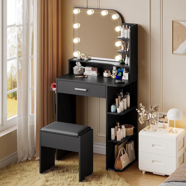 Vanity Set with Mirror and Lights, Small Makeup Vanity Desk with Stool, Charging Station, 26.4" Compact Black Vanity for Small Spaces, 3 Color Lighting Modes