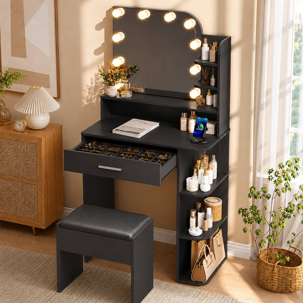 Vanity Set with Mirror and Lights, Small Makeup Vanity Desk with Stool, Charging Station, 26.4" Compact Black Vanity for Small Spaces, 3 Color Lighting Modes