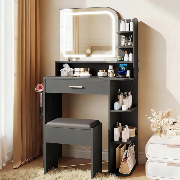 Vanity Set with Mirror and Lights, Akaber Small Makeup Vanity Desk with Stool, Charging Station, Compact Black Vanity with LED Strip