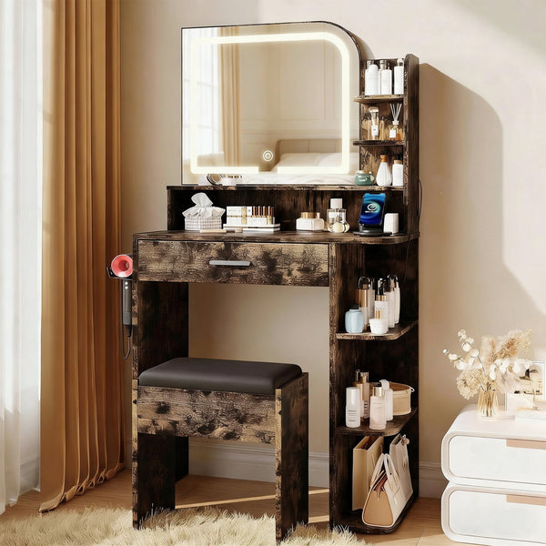 Vanity Set with Mirror and Lights, Akaber Small Makeup Vanity Desk with Stool, Charging Station, Compact Brown Vanity with LED Strip