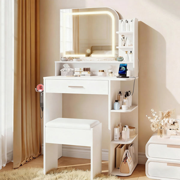 Vanity Set with Mirror and Lights, Akaber Small Makeup Vanity Desk with Stool, Charging Station, Compact White Vanity with LED Strip
