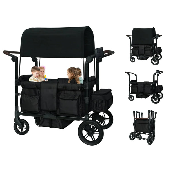 Wagon Stroller for 4 Kids, Linor Stroller Wagon 4 Seater Featuring 4 High Seat with Footwell, 5-Point Harnesses and Adjustable Canopy, Foldable Double Push Bar Baby Wagon for Camping
