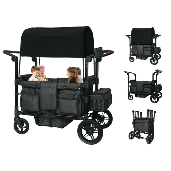 Wagon Stroller for 4 Kids, Linor Stroller Wagon 4 Seater Featuring 4 High Seat with Footwell, 5-Point Harnesses and Adjustable Canopy, Foldable Double Push Bar Baby Wagon for Camping