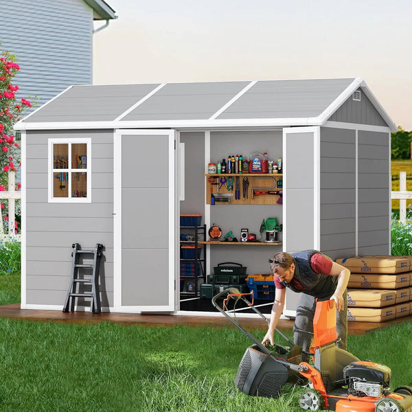 Wanan 10'x8' FT Outdoor Storage Shed Kit with Lockable Door, Thermoplastic Synthetic Resin, Tool Storage, Gray