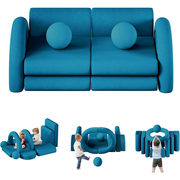 Wanan 12Pcs Modular Kids Play Couch with Balls and Tunnel, Toddler Sofa for Playroom, Blue