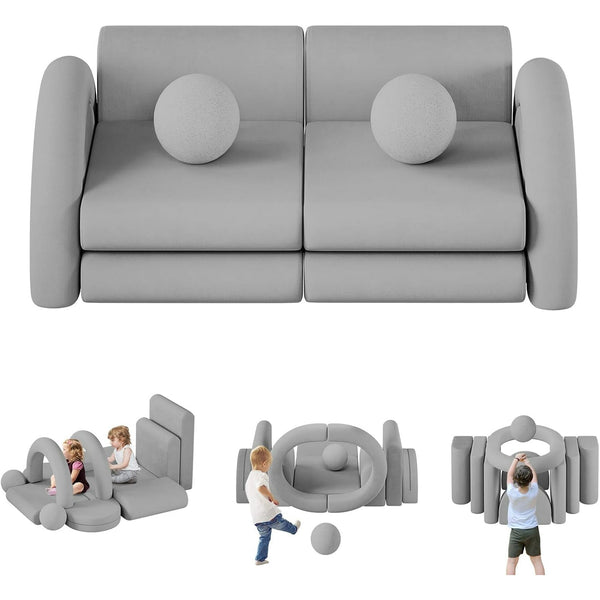 Wanan 12Pcs Modular Kids Play Couch with Balls and Tunnel, Toddler Sofa for Playroom, Gray
