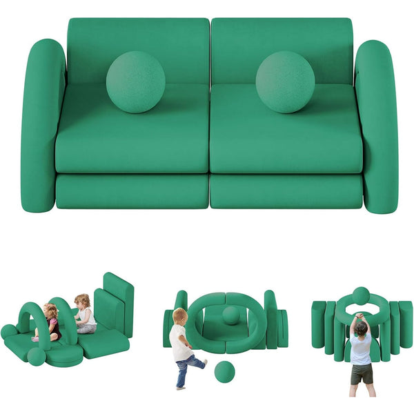 Wanan 12Pcs Modular Kids Play Couch with Balls and Tunnel, Toddler Sofa for Playroom, Green