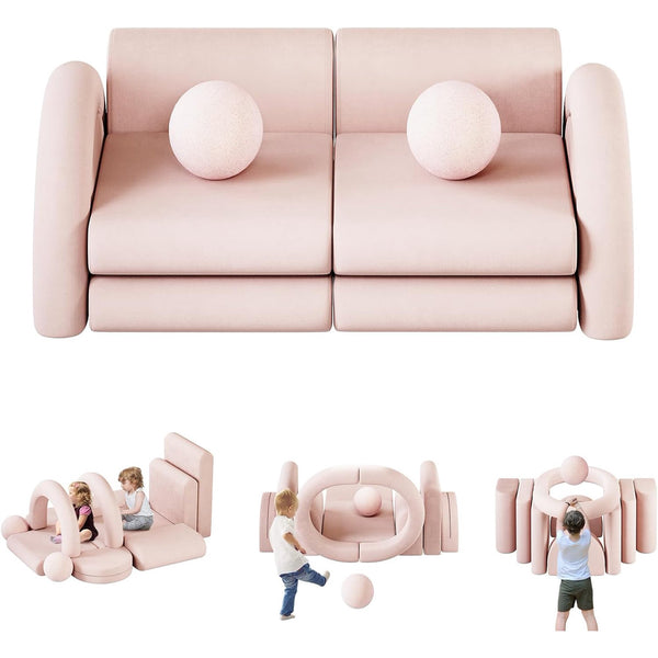 Wanan 12Pcs Modular Kids Play Couch with Balls and Tunnel, Toddler Sofa for Playroom, Pink