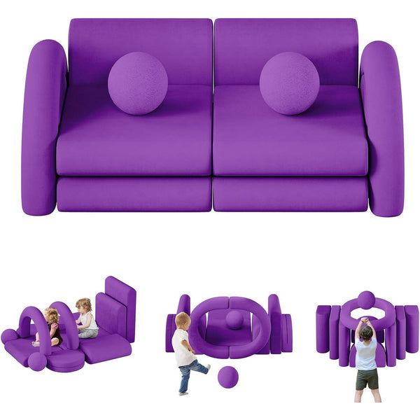 Wanan 12Pcs Modular Kids Play Couch with Balls and Tunnel, Toddler Sofa for Playroom, Purple