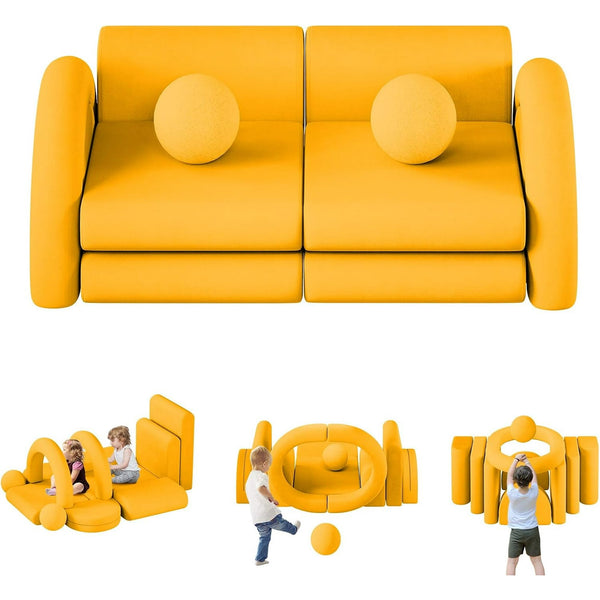 Wanan 12Pcs Modular Kids Play Couch with Balls and Tunnel, Toddler Sofa for Playroom, Yellow