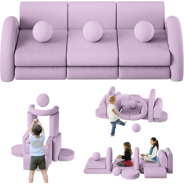 Wanan 16Pcs Modular Kids Play Couch with Balls and Tunnel, Toddler Sofa for Playroom, Blueberry