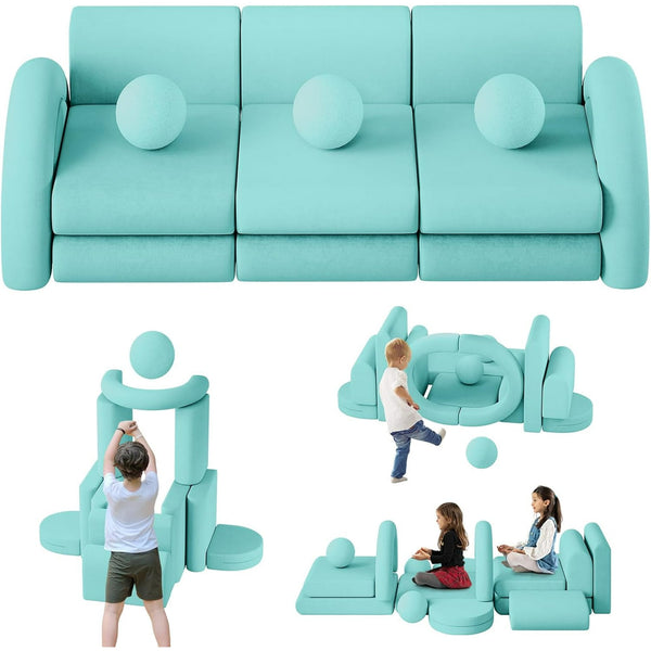 Wanan 16Pcs Modular Kids Play Couch with Balls and Tunnel, Toddler Sofa for Playroom, Ice-Snow Blue