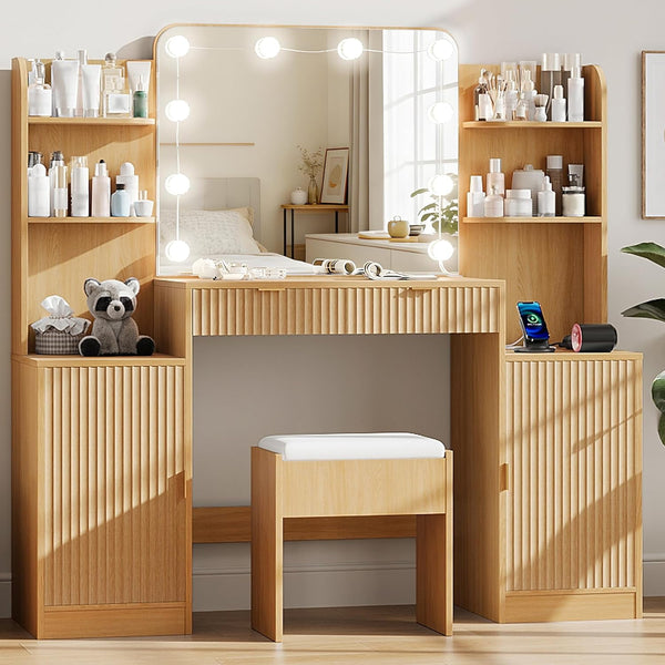 Wanan 53" Makeup Vanity Set with Chair, Large Vanity Desk with Mirror, Lights, Charging Station