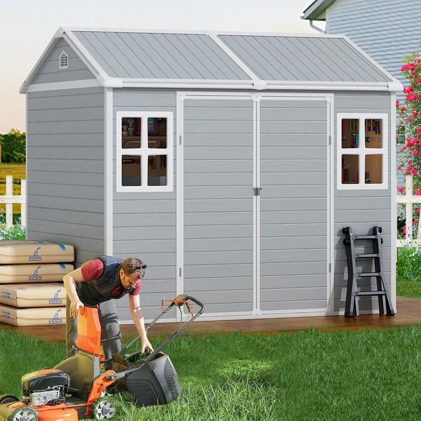 Wanan 6x8 FT Resin Outdoor Storage Shed with Floor, Garden Shed with Windows, Lockable Door, Outside Tool Storage Sheds