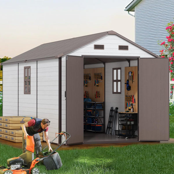 Wanan 8x14 FT Resin Outdoor Storage Shed with Floor, Garden Shed with Windows, Lockable Door, Outside Tool Storage Sheds