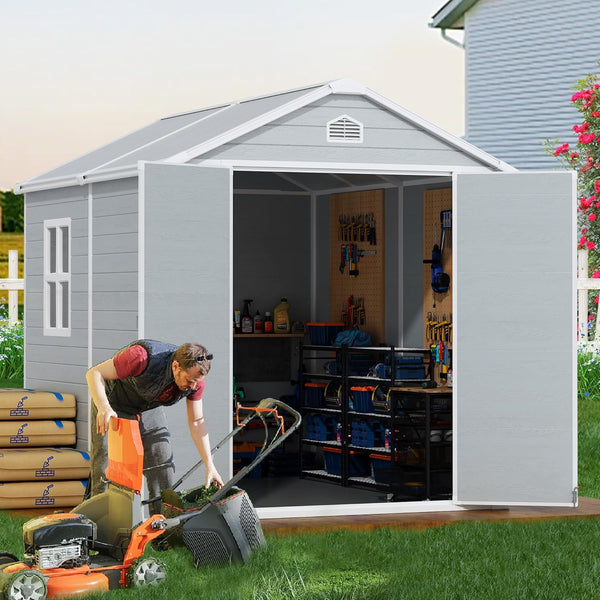 Wanan 8x6 FT Resin Outdoor Storage Shed with Floor, Garden Shed with Windows, Lockable Door, Outside Tool Storage Sheds