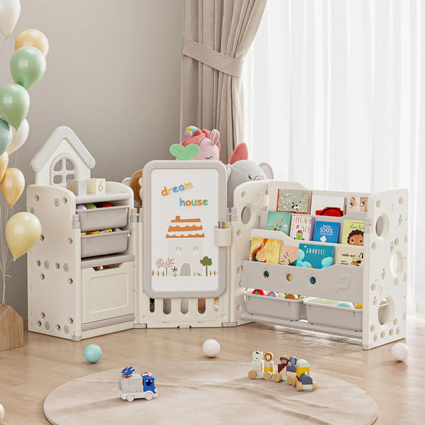 Wanan Foldable 3-Tier Bookshelf for Kids, Toy Storage Organizer with 4 Removable Bins, Drawing Board, 3 Brushes, Off-white