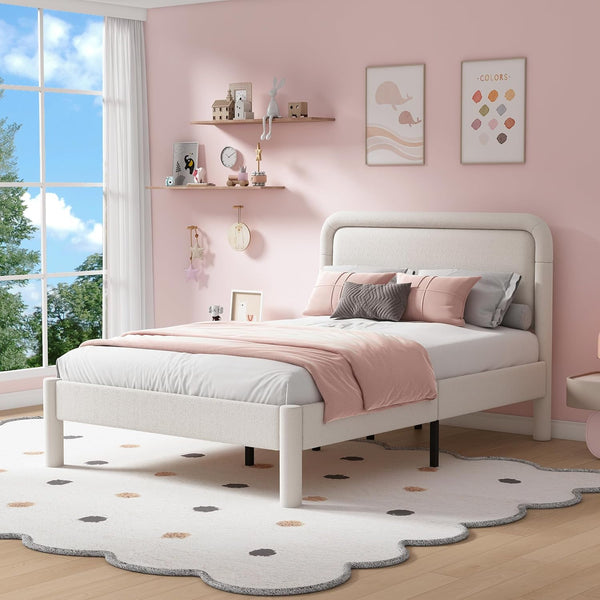 Wanan Full Bed Frame, Upholstered Bed Frame with Rounded Corners, Soft Cloud Bed Frame in Modern Style, Noise-Free Structure, Easy Assembly, Cream