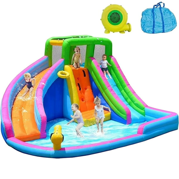 Wanan Inflatable Water Slide, 8 in 1 Water Slides Inflatables for Kids and Adults, 2 Large Water Slide with Air Blower, Splash and Deep Pool, Climbing Wall, Bounce House, Basketball Hoop (Dual Slide)