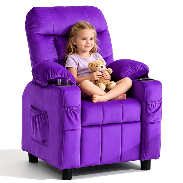 Linor Kids Recliner Chair, Adjustable Velvet Lounge with Cup Holder, Footrest, Side Pockets, Purple