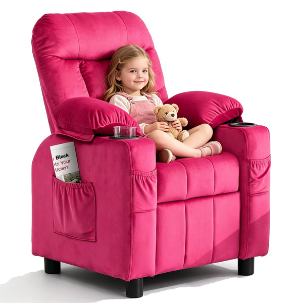 Linor Kids Recliner Chair, Adjustable Velvet Lounge with Cup Holder, Footrest and Side Pockets, Pink