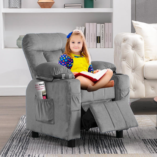 Wanan Kids Recliner Chair, Modern Velvet Lounge with Cup Holder, Footrest, Side Pockets, Gray