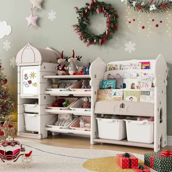 Wanan Kids Toy Storage Organizer with 10 Removable Bins, 1 Drawing Board, 8 Paint Brushes, 1 Board Eraser, 4-Tier Bookshelf for Bedroom Playroom Nursery