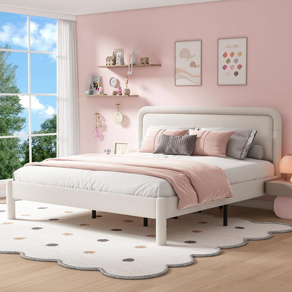 Wanan Full Bed Frame, Upholstered Bed Frame with Rounded Corners, Soft Cloud Bed Frame in Modern Style, Noise-Free Structure, Easy Assembly, Cream
