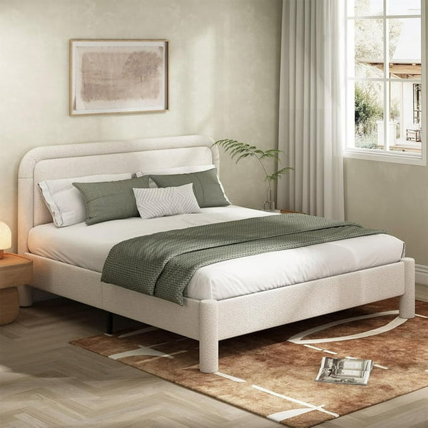 Wanan King Bed Frame, Upholstered Bed Frame with Rounded Corners, Boucle Soft Cloud Bed Frame in Modern Style, Noise-Free Structure, Easy Assembly, Cream