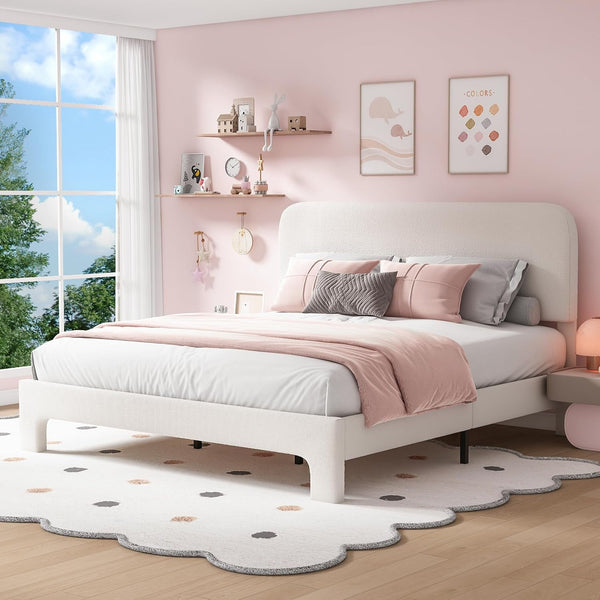 Wanan Full Bed Frame, Upholstered Bed Frame with Rounded Corners, Soft Cloud Bed Frames in Modern Style, Noise-Free Structure, Easy Assembly, Cream