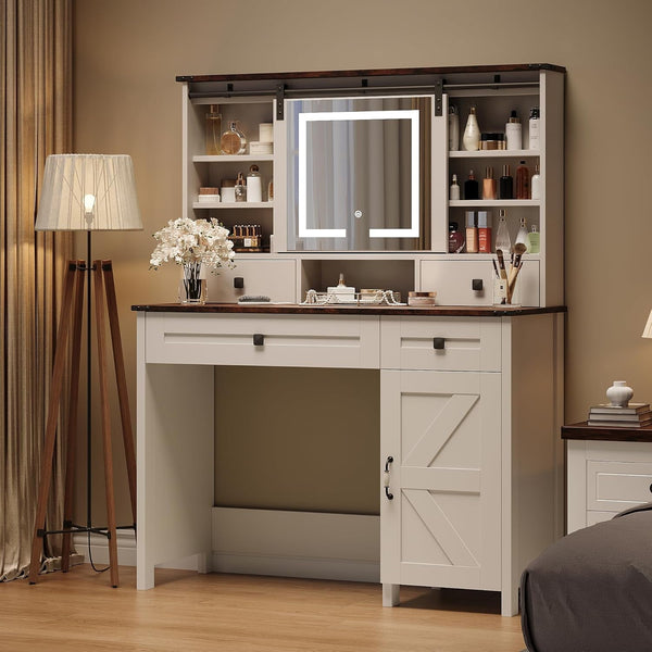 Wanan Makeup Vanity Desk with Mirror and Lights, 42.1 Inch White Vanity with 4 Drawers & Shelves, Farmhouse Sliding Mirror Vanity Table for Bedroom