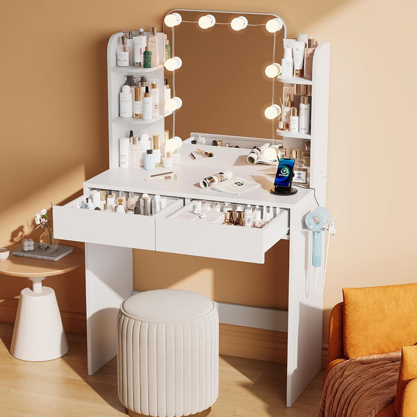 Wanan Makeup Vanity with Mirror and Lights, 3 Color Lighting, Small Vanity Desk with Power Outlet, Dressing Table for Small Spaces