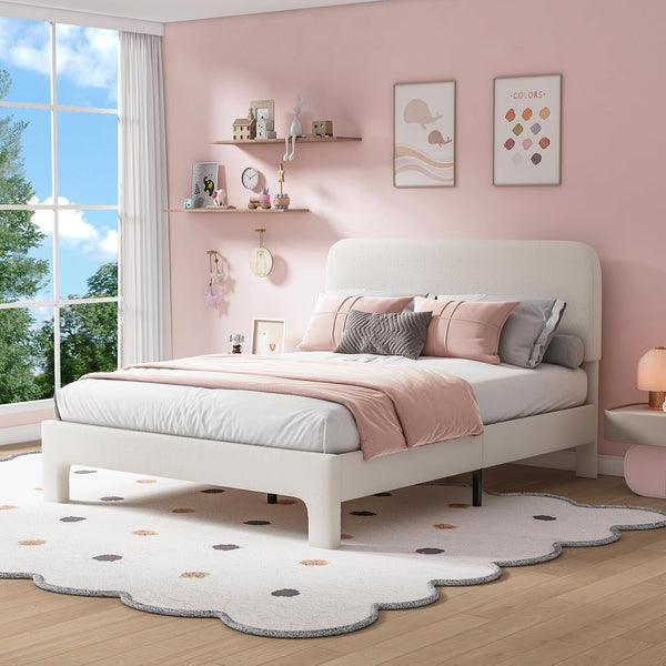Wanan Full Bed Frame, Upholstered Bed Frame with Rounded Corners, Soft Cloud Bed Frames in Modern Style, Noise-Free Structure, Easy Assembly, Cream