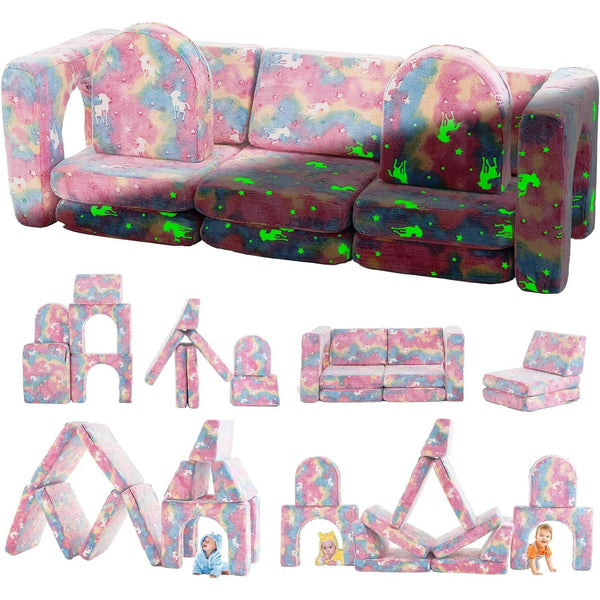Wanan Toddler Couch, Modular Kids Sofa Foldable Loveseat with 2 Ottomans, Washable Cover, Luminous