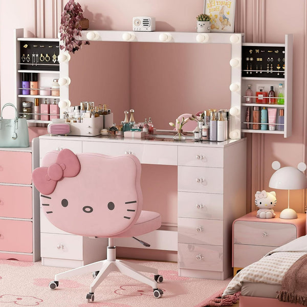 Wanan Vanity Desk with Mirror & Power Outlet, 11-Drawer Makeup Vanity with 14 LED Lights (3 Modes), Sliding Jewelry Storage, White Glass Top Specular Surface