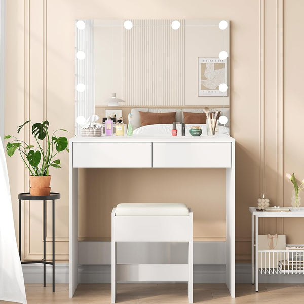Wanan Vanity Desk with Mirror, 35.1" Makeup Vanity Table with Lights, 3 Color Adjustable Lighting, White Makeup Desk with 2 Drawers for Bedroom