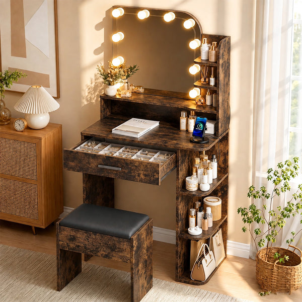Akaber Vanity Set with Mirror and Lights, Small Makeup Vanity Desk with Stool, Charging Station, Vanity for Small Spaces