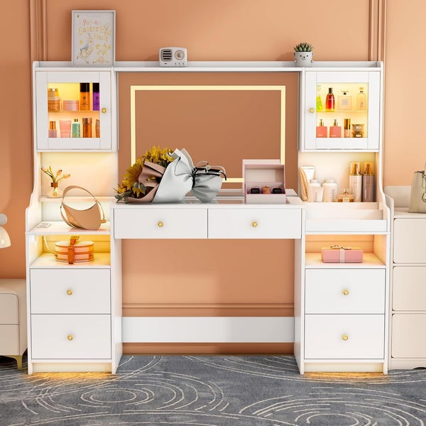 Wanan White Vanity Desk with Mirror & LED Lights, 62" Large Makeup Vanity with Power Outlet, 4 Drawers, 2 Cabinets, Glass Top, One Piece Control 3 Lighting Modes