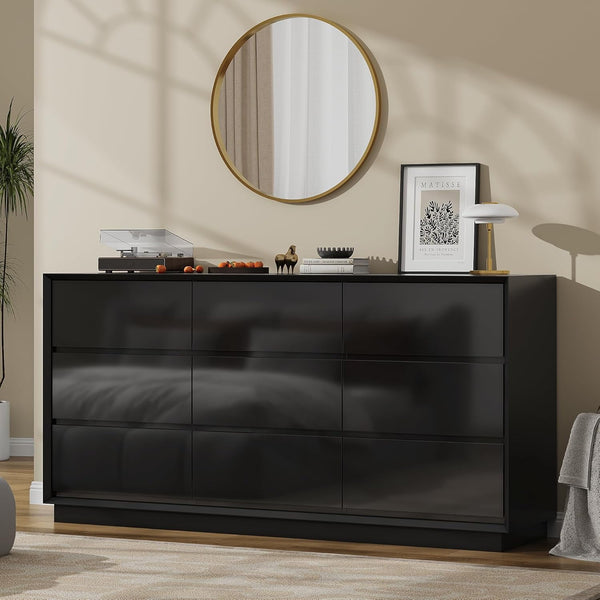 Wanan Wooden Dresser, 63 inch Large Chest of 9 Drawers, Tall Modern Dresser for Bedroom Storage, Black Dressers