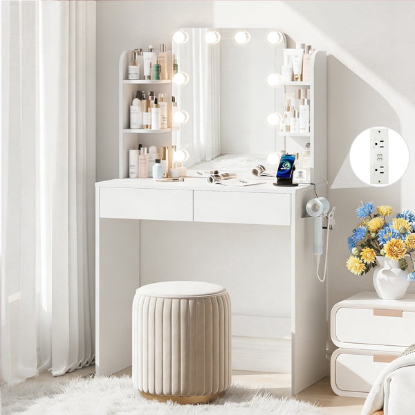 White Small Vanity Desk with Lighted Mirror and Power Outlet, NEORIVER 31.5" Makeup Table with 2 Drawers & 6 Storage Shelves, Women Girls Vanity for Small Space, Easy Assembly