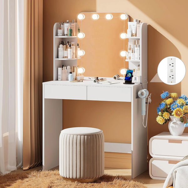 Black Small Vanity Desk with Lighted Mirror and Power Outlet, Pipleo 31.5" Makeup Table with 2 Drawers & 6 Storage Shelves, Women Girls Vanity for Small Space, Easy Assembly